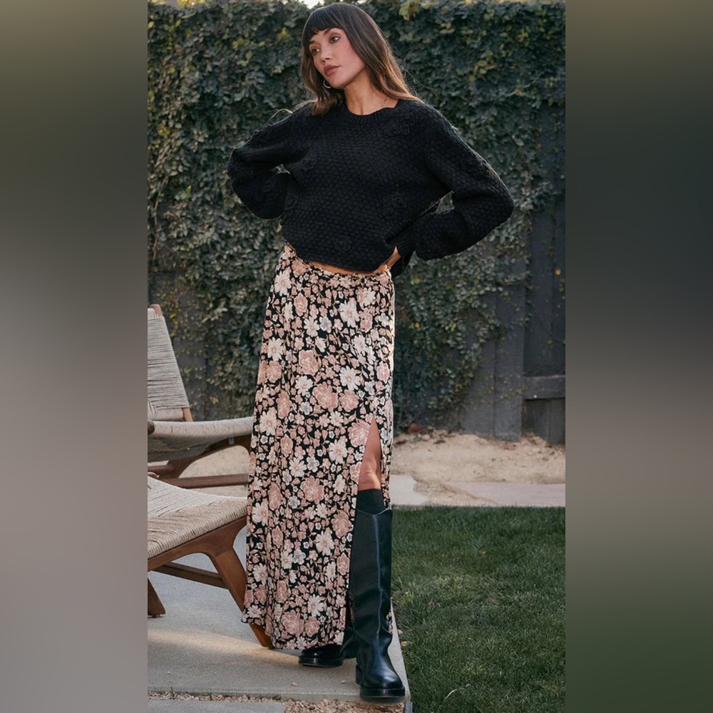 MINKPINK Maxi Skirt with Black and Pink Floral Print